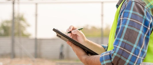 A technician uses a checklist on a clipboard to assess generator care. 