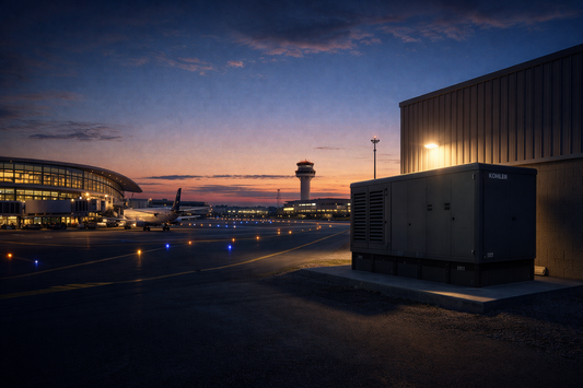Standby generator providing airport backup power near runway during an airport power outage readiness scenario at dusk.