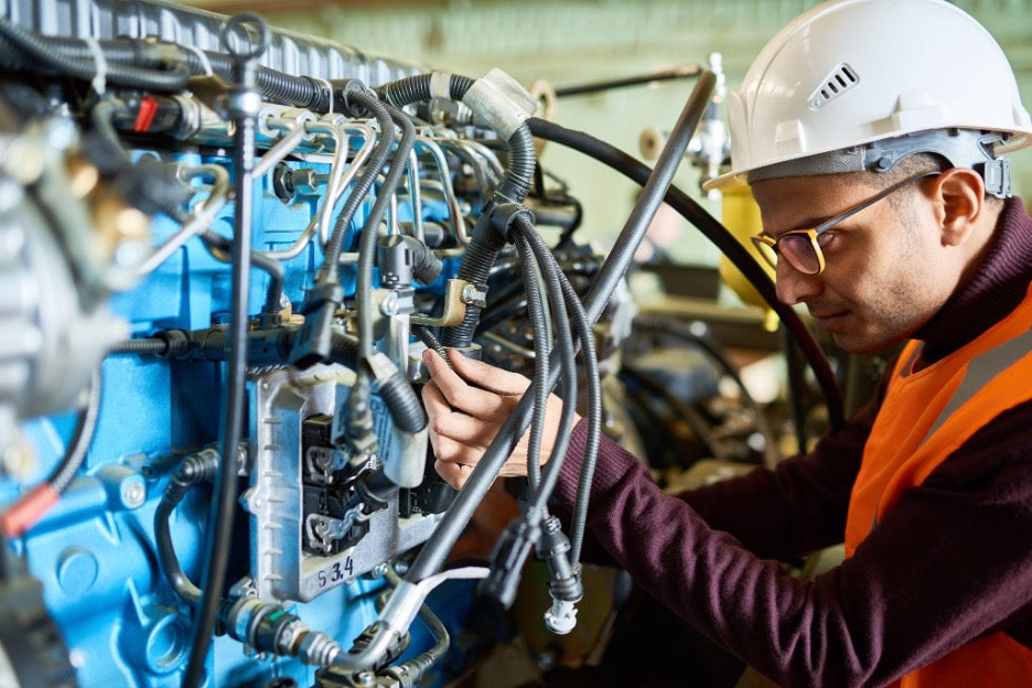 Technician inspecting a standby generator to diagnose commercial generator failure causes in a backup power system