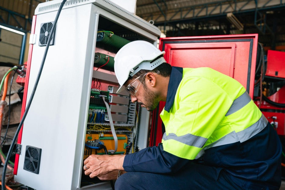 Technician performing maintenance on an industrial generator control panel as part of commercial generator services