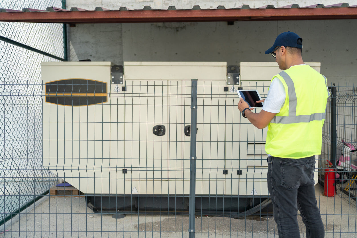 A generator technician inspects a generator. 