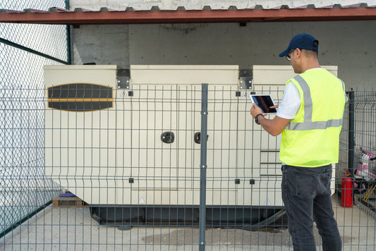 A generator technician inspects a generator. 